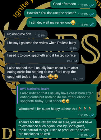 Here is Marjanies. She is one of those persons whom the doctors has asked to either quit the use of spices or minimize it because of her health condition. Currently, she has chronic ulcer. I introduced her to this spices and till date, she is 💯 fine.
